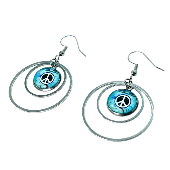 Pure Peace Double Hoop Earrings, Handmade Dangles, Hippie Boho Jewelry - Picture 3 of 4